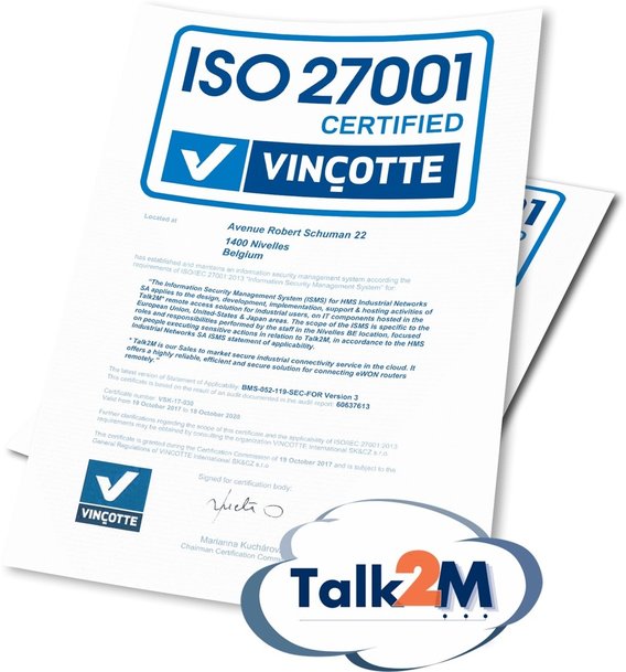 HMS krijgt ISO27001 certificering voor eWON® Talk2M